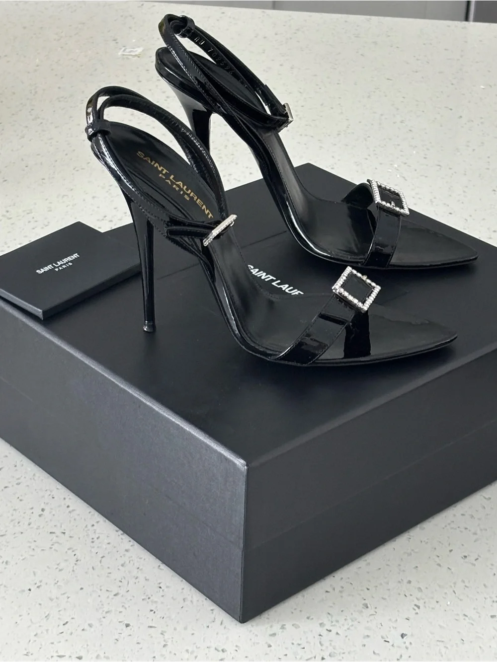 Saint Laurent Black Patent Slingback Heels with Crystal Buckles - Picture 2 of 7